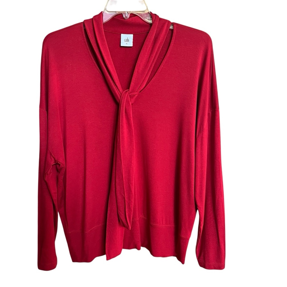 Cabi Red Tie-Neck Sweater Blouse Long Sleeve V Neck Women’s Size XL